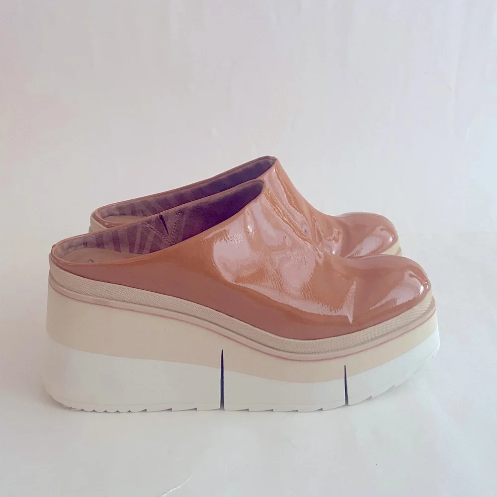 Naked Feet Patent Platform Mules in Cognac and Cream